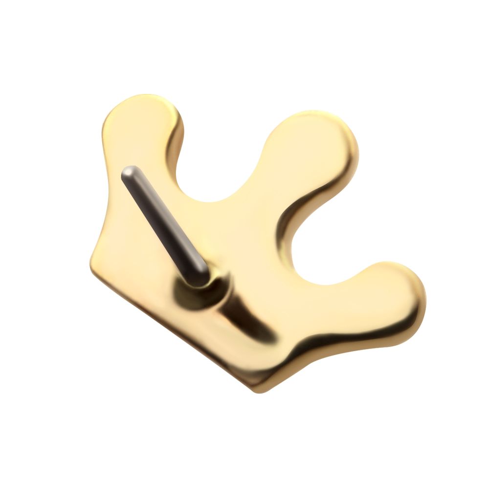 The 14K Crown Cut-Out is a shiny gold pin shaped like a crown with three rounded points and a single metal stick in the center, displayed against a plain white background. The 14K Crown Cut-Out is a shiny gold pin shaped like a crown with three rounded points and a single metal stick in the center, displayed against a plain white background.