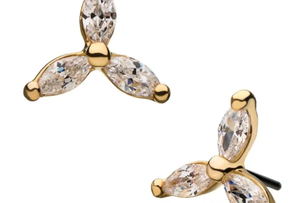 The 14K Trinity Marquise earrings are gold studs, each showcasing three marquise-cut clear gemstones in a prong trinity setting with a floral-inspired triangular design.