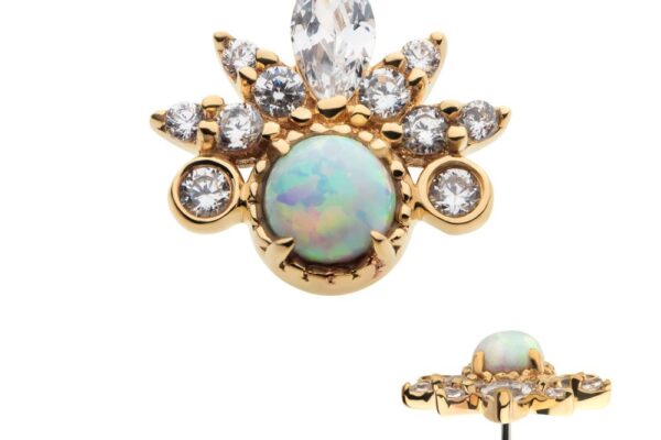 The 14K Tiara Cluster is a gold earring with a central opal, accented by round and marquise-cut clear stones in a crown-inspired design. The side view highlights the raised opal set above the post backing.
