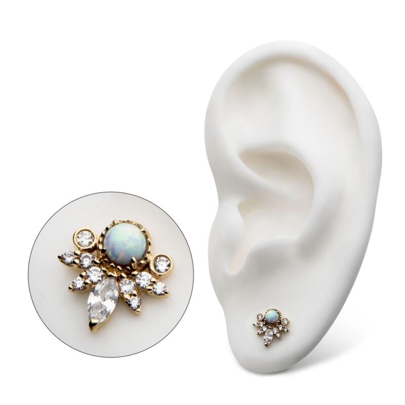 The 14K Tiara Cluster, a decorative gold ear stud featuring a central opal and sparkling clear stones, is shown on a white ear model with a close-up inset highlighting its intricate design.