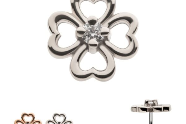 The 14K Four Leaf Clover Hollow stud earring features heart-shaped petals and a central gemstone, shown in silver and rose gold front views, plus a silver side profile.