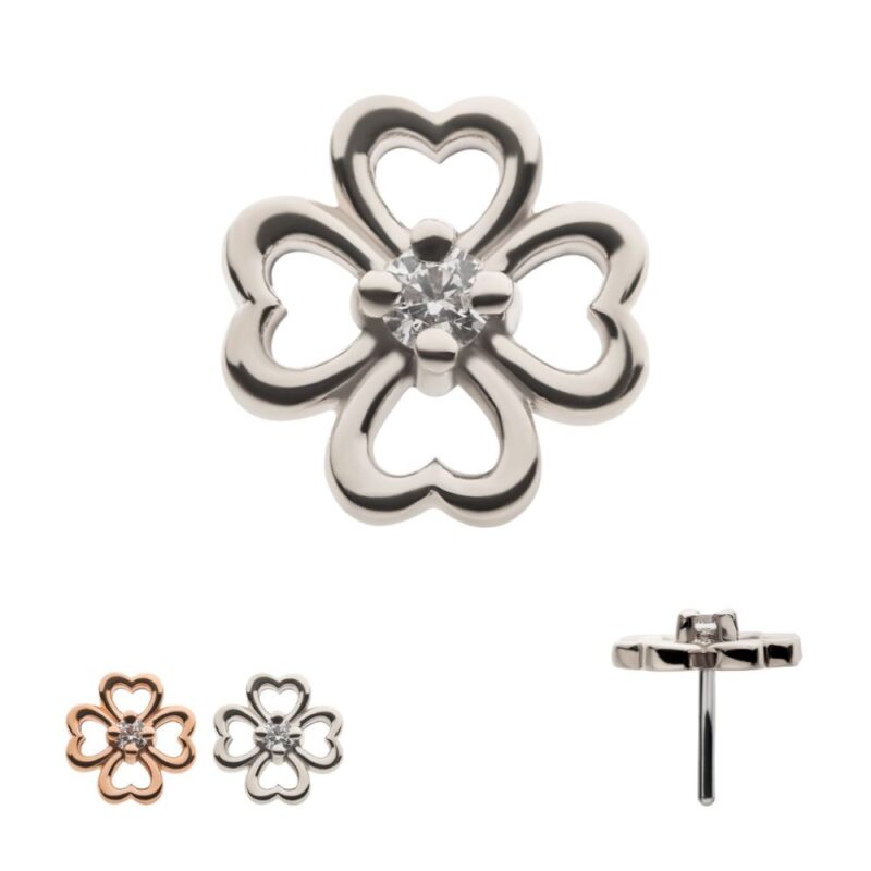 The 14K Four Leaf Clover Hollow stud earring features heart-shaped petals and a central gemstone, shown in silver and rose gold front views, plus a silver side profile.