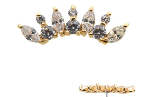 14K Marquise Curved Cluster earring featuring multiple marquise and round clear gemstones in a fan-like arrangement, displayed from front and side views on a white background.