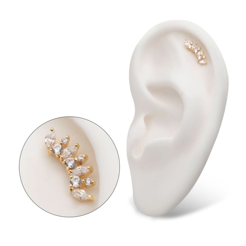 The 14K Marquise Curved Cluster ear climber, featuring multiple marquise-cut clear stones, is displayed on a white ear model with a close-up inset highlighting its sparkling details.
