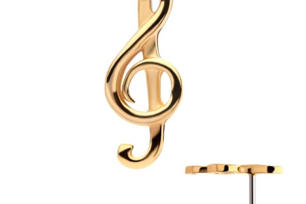 The 14K G Clef Musical Symbol earring, shaped like a gold treble clef with a post backing, is displayed from front and side views on a white background.