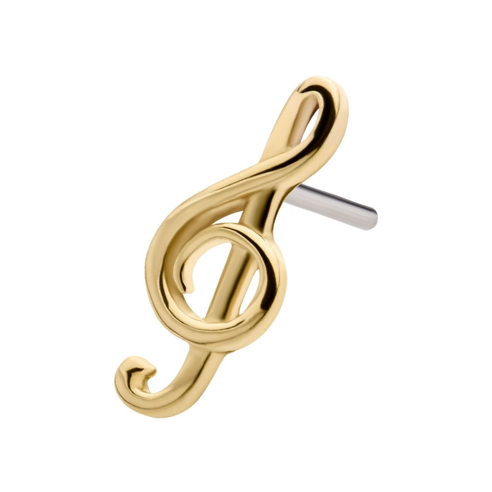 The 14K G Clef Musical Symbol earring features a gold treble clef design with a metallic post for fastening. The 14K G Clef Musical Symbol earring features a gold treble clef design with a metallic post for fastening.