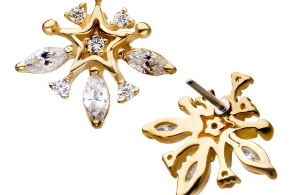 The 14K Marquise Starburst features gold stud earrings with snowflake-inspired shapes, clear marquise-cut and round gemstones in a symmetrical design. One earring is displayed from the front, the other from the back.