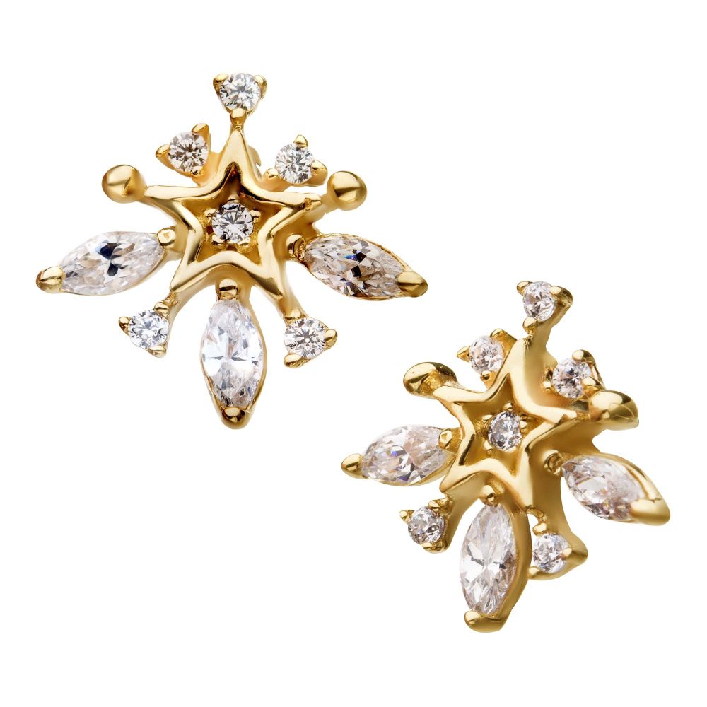 The 14K Marquise Starburst earrings feature stylized gold stars adorned with clear marquise- and round-cut gemstones for a sparkling, elegant look. The 14K Marquise Starburst earrings feature stylized gold stars adorned with clear marquise- and round-cut gemstones for a sparkling, elegant look.