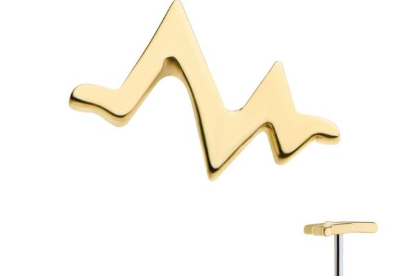 The 14K Heart Beat is a gold earring shaped like a zigzag line, resembling a heartbeat or electrocardiogram, with a straight post for fastening.
