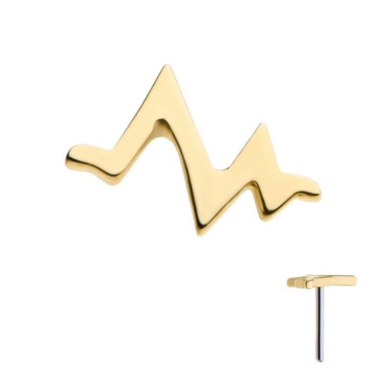 The 14K Heart Beat is a gold earring shaped like a zigzag line, resembling a heartbeat or electrocardiogram, with a straight post for fastening.