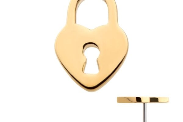 The 14K Heart Shaped Lock earring features a gold, heart-shaped padlock design with a central keyhole cutout, shown from the front and side to highlight its flat profile and post.