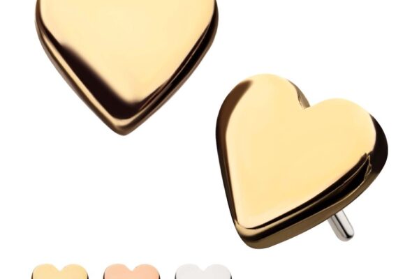 Four 14K Heart Shape metal studs in gold, rose gold, silver, and white finishes are displayed on a white background. The gold stud is shown larger and positioned to highlight both its side and front.