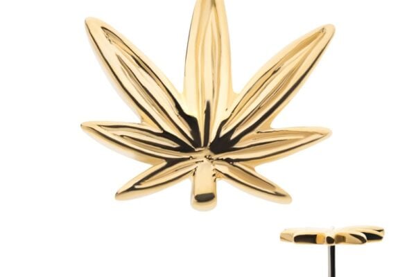 The 14K Pot Leaf is a gold-colored pin in the shape of a cannabis leaf, shown from the front and side to highlight its unique design and thickness.