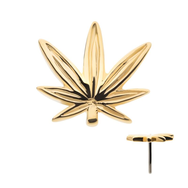 The 14K Pot Leaf is a gold-colored pin in the shape of a cannabis leaf, shown from the front and side to highlight its unique design and thickness.