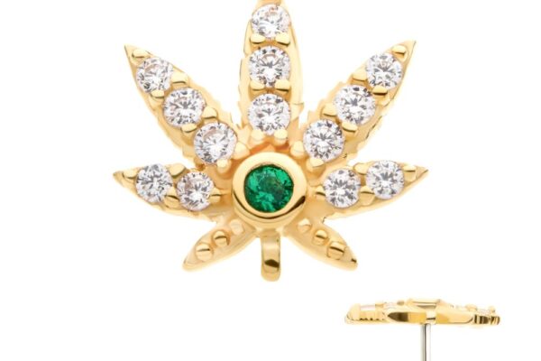 The 14K Pot Leaf - Gem is a gold stud earring shaped like a cannabis leaf, featuring clear gems on each tip and a green gem in the center, displayed from front and side views.