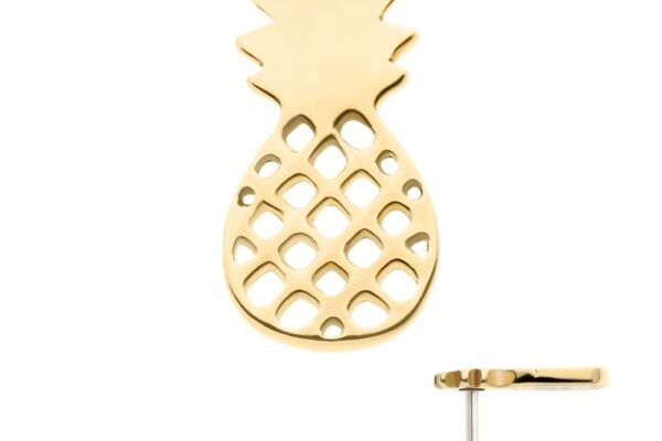 The 14K Pineapple Cut Out earring features a gold pineapple shape with a cut-out lattice design. The main image displays the front, while a smaller view shows the post for piercing.