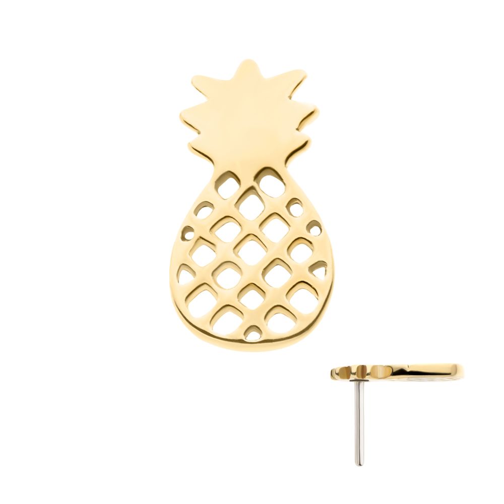 The 14K Pineapple Cut Out earring features a gold pineapple shape with a cut-out lattice design. The main image displays the front, while a smaller view shows the post for piercing.