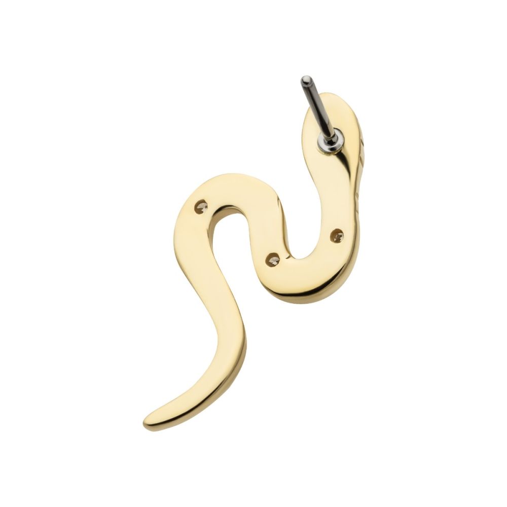 The 14K Snake – Gem is a gold, snake-shaped earring stud with a wavy design, round indentations along its body, a silver post, and set against a plain white background. The 14K Snake – Gem is a gold, snake-shaped earring stud with a wavy design, round indentations along its body, a silver post, and set against a plain white background.