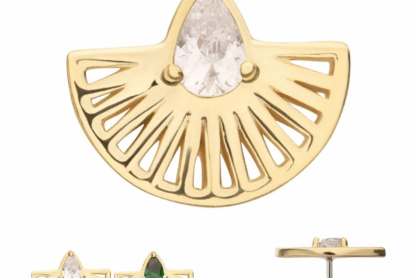 A gold fan-shaped earring with a teardrop-shaped gemstone at the top center. The image shows three views: front with clear and green stones, and the side profile displaying the earring post.