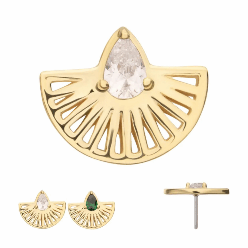 A gold fan-shaped earring with a teardrop-shaped gemstone at the top center. The image shows three views: front with clear and green stones, and the side profile displaying the earring post.