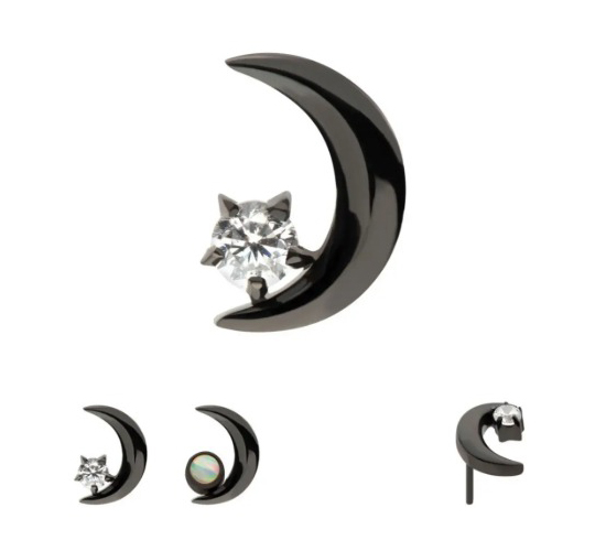 A black crescent moon-shaped earring with a clear gemstone set near the center. Additional views show the earring from different angles, including one with an iridescent stone.