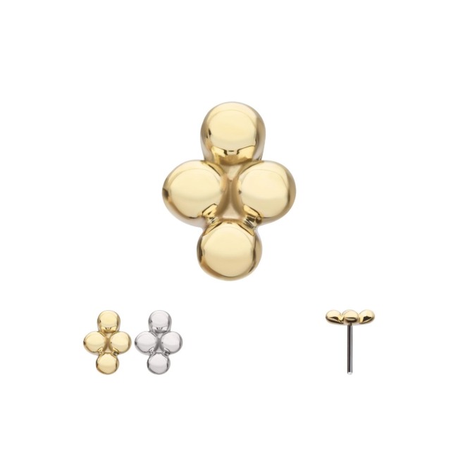 A set of stud earrings shaped like a four-petal flower, shown in both gold and silver finishes with a close-up of the gold version and a side view illustrating the earring post.