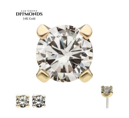 A pair of round lab grown diamond stud earrings set in 14K gold settings, shown close up and from different angles, with the text Lab Grown Diamonds 14K Gold above.