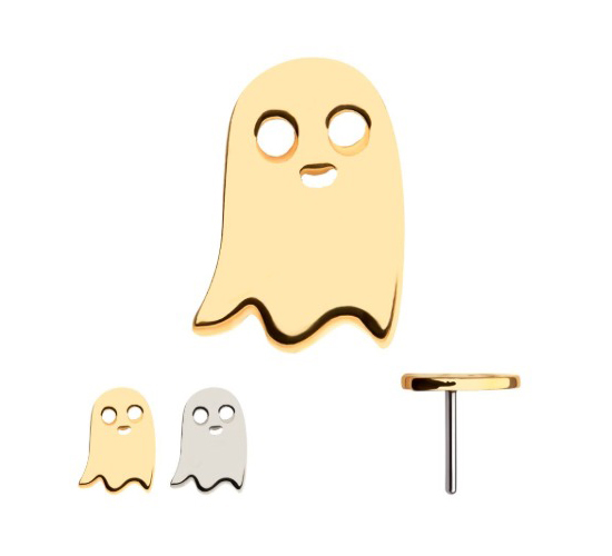 A pair of ghost-shaped stud earrings, one gold and one silver, with smiling faces. A side view shows the post backing of the earring.