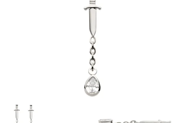 Dagger With Dangle Chain Bezel Teardrop CZ