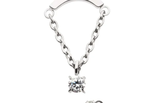 Curved Bar with Dangle Chain & Prong Set Gem
