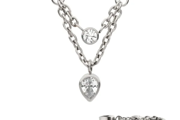 2-Tier Dangle Chain Curved Bar with Bezel Round & Teardrop Gem