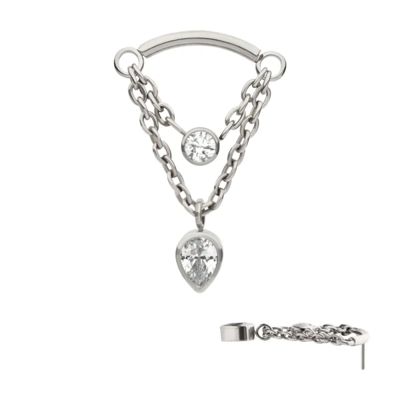 2-Tier Dangle Chain Curved Bar with Bezel Round & Teardrop Gem