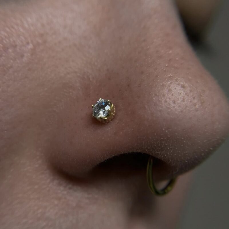 Close-up of a person's nose with the 14K Royal Crown gold and diamond stud on the nostril and a gold hoop on the septum; visible skin pores are shown.