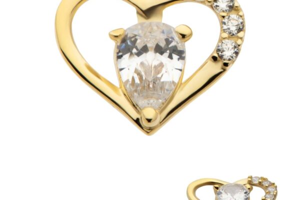 The 14K Royal Teardrop Heart is a gold heart-shaped pendant featuring a large pear-cut clear gemstone at the center and four small round clear stones along one side, all with a shiny, polished finish.