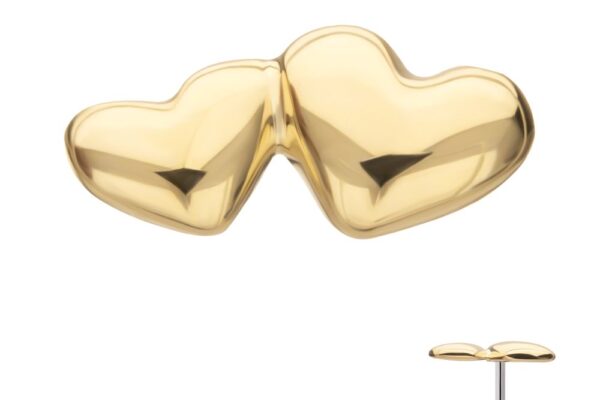 A 14K Double Heart - Puffy gold earring, shaped like two connected hearts with a post backing, displayed on a white background.