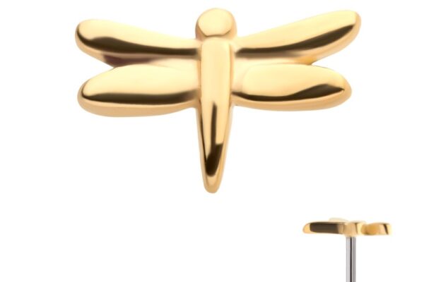 The 14K Dragonfly is a gold-colored, dragonfly-shaped earring with a smooth, shiny finish, shown from the front and side to highlight its design and stud post.