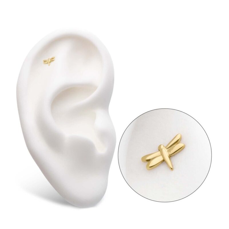 The 14K Dragonfly earring, a small gold stud, is showcased on a white ear model. An inset provides a close-up of the delicate dragonfly design.
