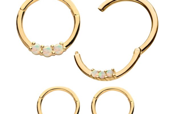 Four gold hoop earrings are displayed on a white background; two are decorated with three small opal stones and two with three small clear gemstones. One earring is partially open, showing its clasp mechanism.