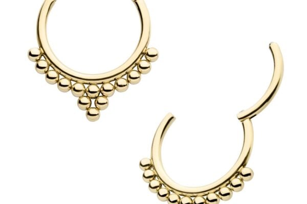 The 14K 14 Beaded Clicker features two gold hoop earrings, each with a row of small rounded beads along the lower edge; one earring is closed, the other slightly open.