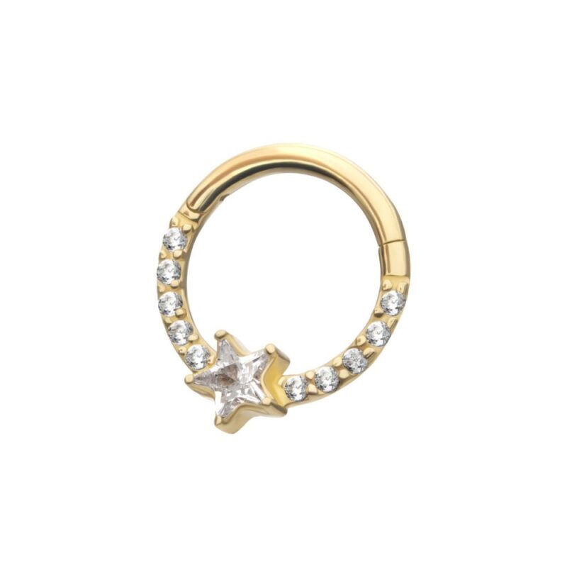 The 14K Star Shine Clicker is a gold hoop earring embellished with small clear gemstones and a star-shaped gem at the bottom center.