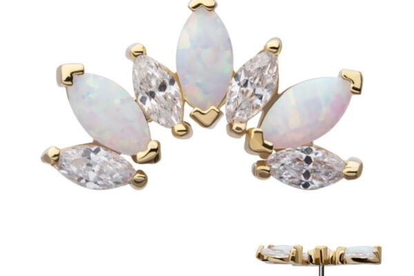 The 14K 7-Cluster Marquise Fan - Cz/Opal earring features five marquise stones—three iridescent opals and two clear crystals—arranged in a fan shape with gold prongs. A side view displays its stud and setting.