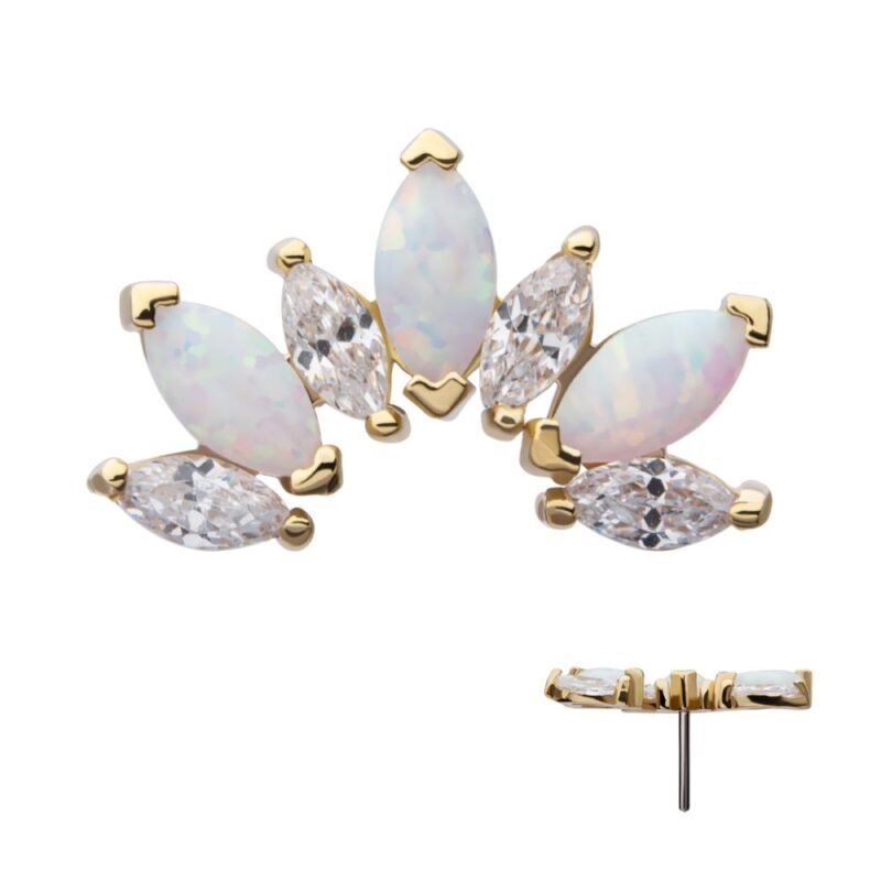 The 14K 7-Cluster Marquise Fan - Cz/Opal earring features five marquise stones—three iridescent opals and two clear crystals—arranged in a fan shape with gold prongs. A side view displays its stud and setting.