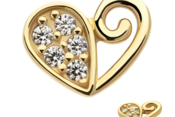 The 14K Half Gem Heart is a gold, heart-shaped stud earring featuring a swirl design on one side and five clear round gemstones on the other, shown in both front and angled views.
