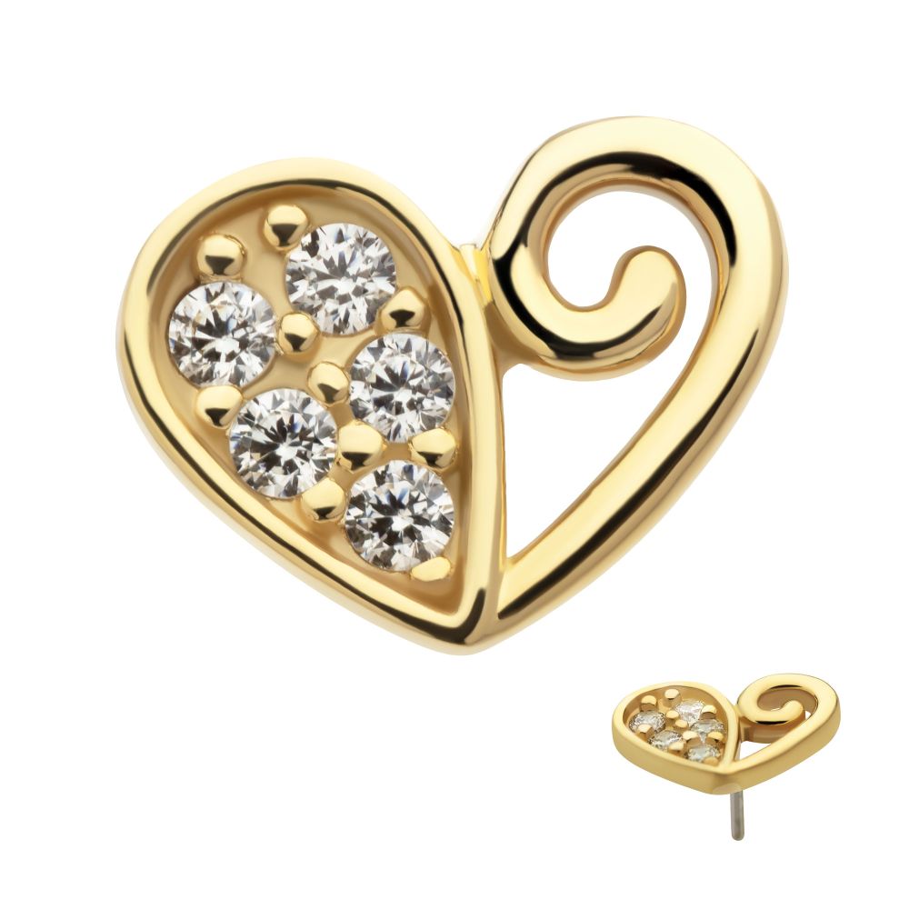 The 14K Half Gem Heart is a gold, heart-shaped stud earring featuring a swirl design on one side and five clear round gemstones on the other, shown in both front and angled views.