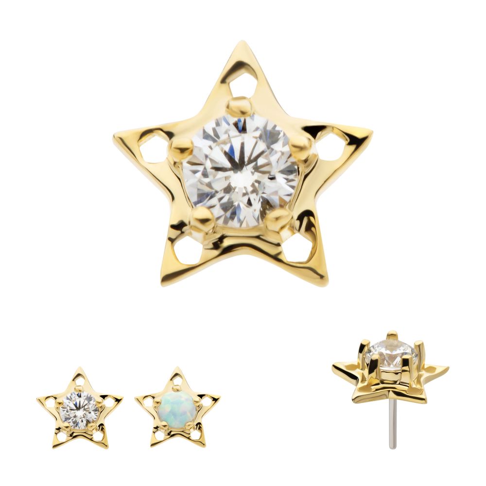 14K Star Shine gold earrings feature five-pointed star outlines with gemstone centers—one clear stone, one opal—displayed from front and side angles.
