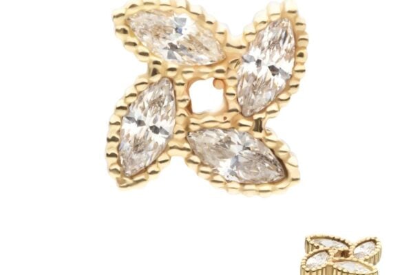 The 14K Spinner Flower earring features four marquise-cut clear gemstones in a floral design with textured gold borders. A side view of the earring appears in the bottom right corner.