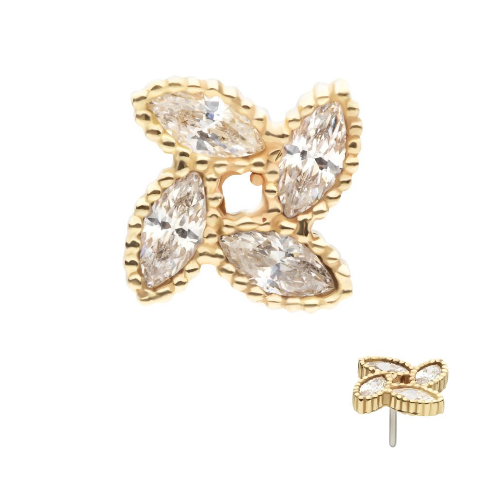 The 14K Spinner Flower earring features four marquise-cut clear gemstones in a floral design with textured gold borders. A side view of the earring appears in the bottom right corner.
