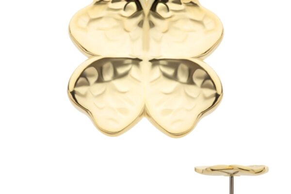 The 14K Four Leaf Clover - Hammered earring features a gold stud in a four-leaf clover shape with a hammered texture, displayed from both front and side views.