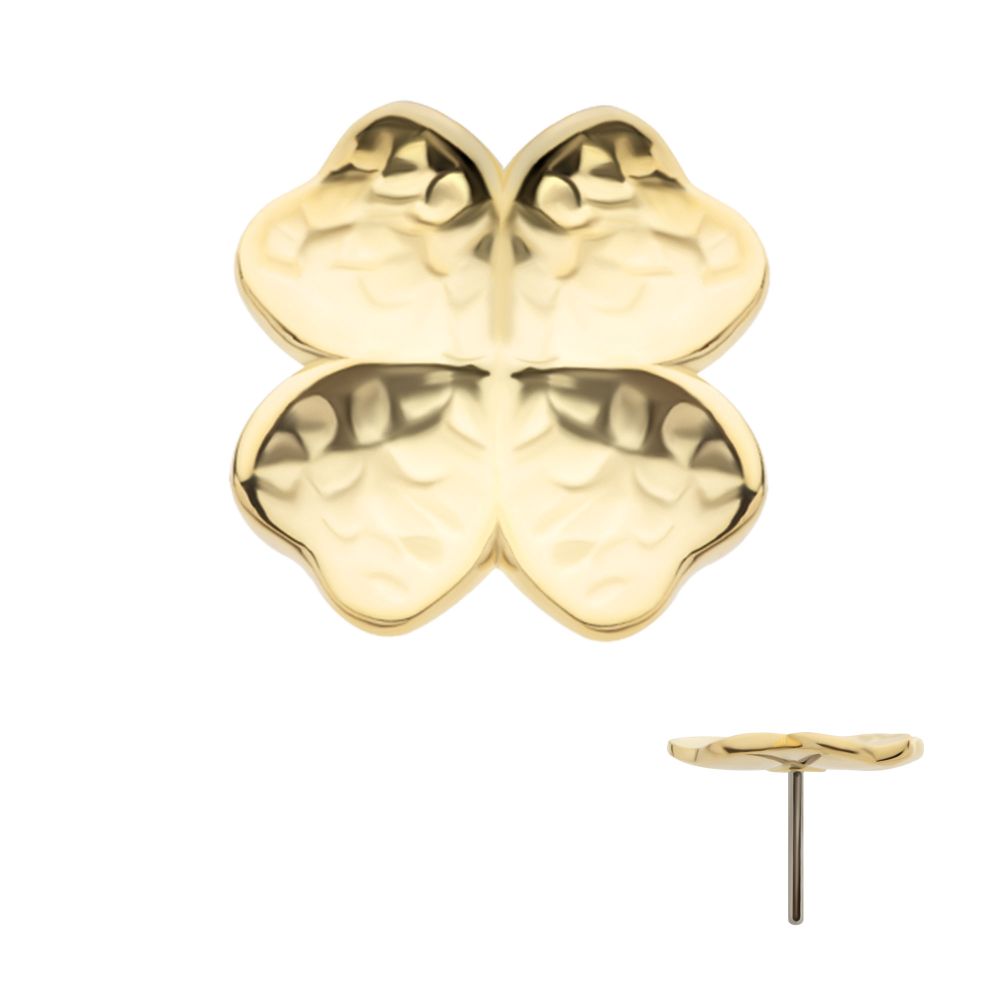 The 14K Four Leaf Clover - Hammered earring features a gold stud in a four-leaf clover shape with a hammered texture, displayed from both front and side views.
