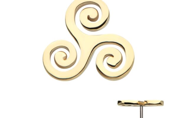 14K Celtic Symbol gold earring featuring a triskelion design with three interconnected swirling arms; shown from both front and side to display the earring post.